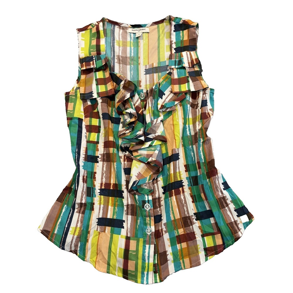Banana Republic Sleeveless Plaid Ruffle Front Top With Crystal Buttons Size XS